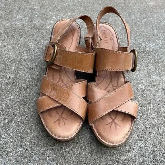 Born Leather Wedge Sandals Mirabella Tan Women’s Size 11 - Picture 2 of 11